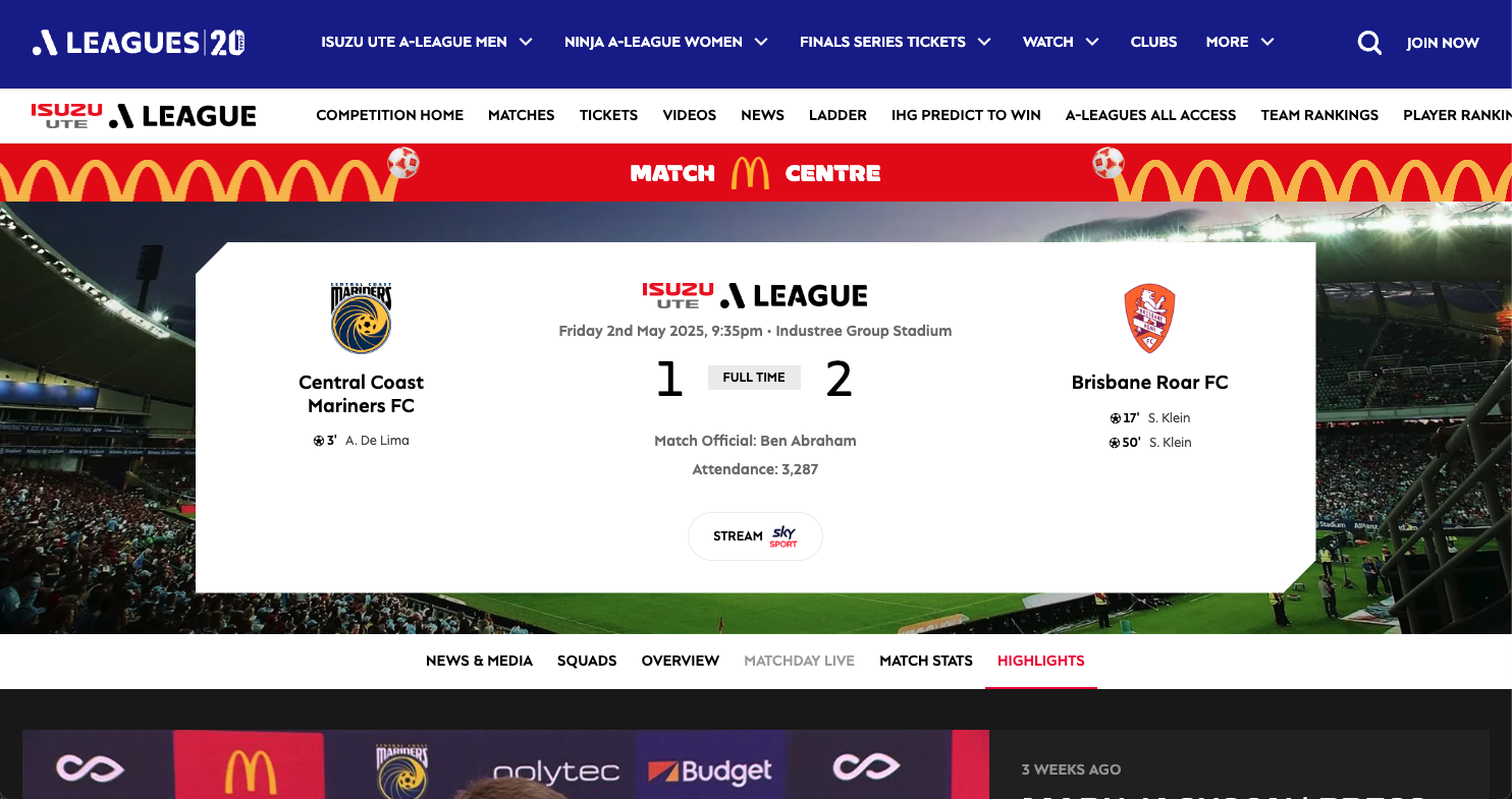 Preview of A-Leagues match dashboard